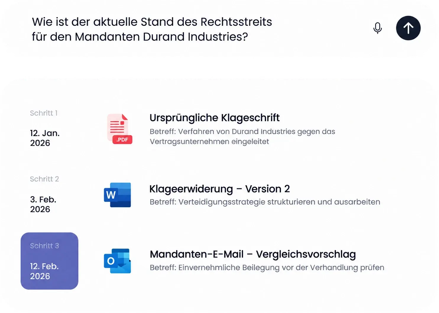 KI-gestützte Übersicht der nächsten Schritte in einer juristischen Akte: Frage an den digitalen Assistenten und drei Schritte der Akte